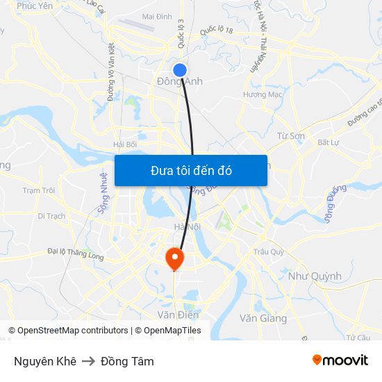 Nguyên Khê to Đồng Tâm map