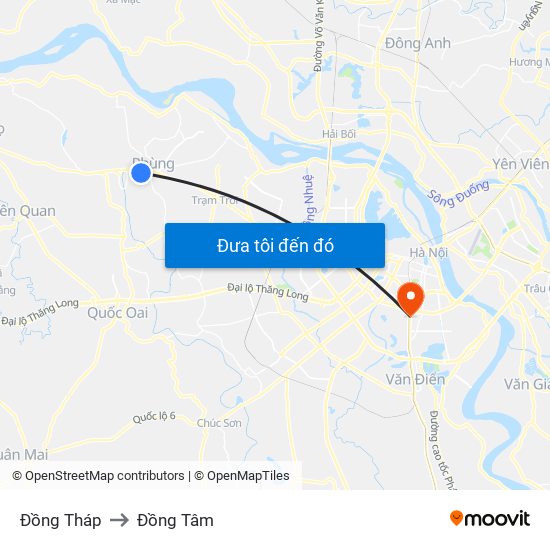 Đồng Tháp to Đồng Tâm map