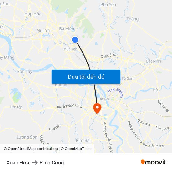 Xuân Hoà to Định Công map