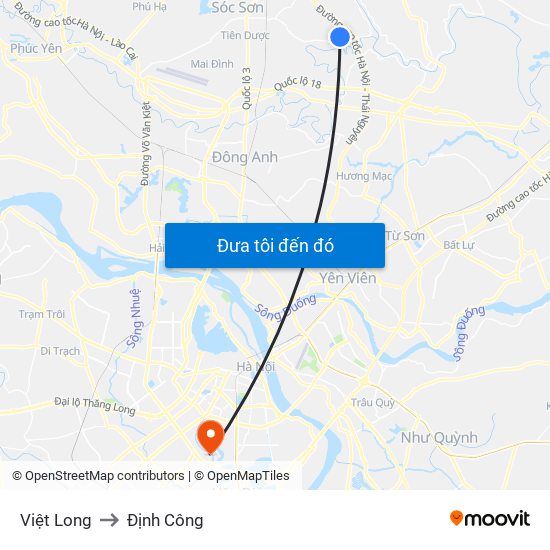 Việt Long to Định Công map