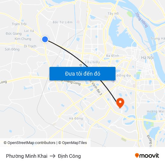 Phường Minh Khai to Định Công map