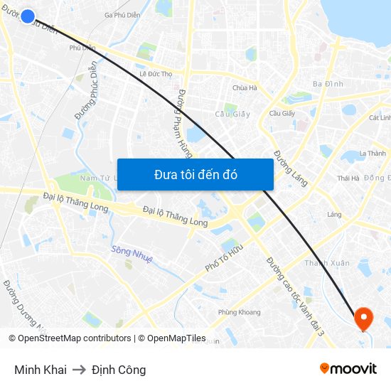 Minh Khai to Định Công map