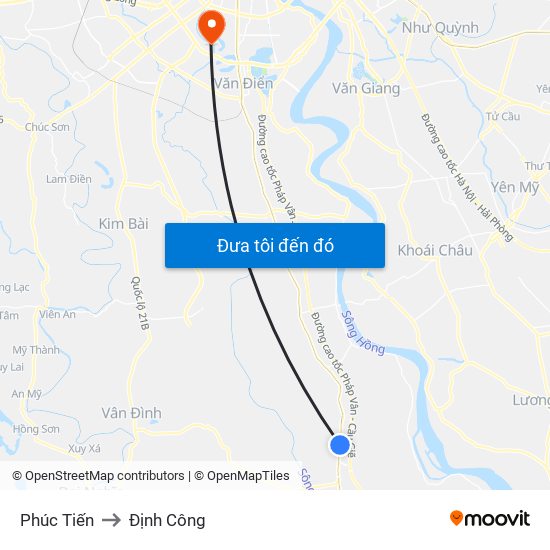 Phúc Tiến to Định Công map