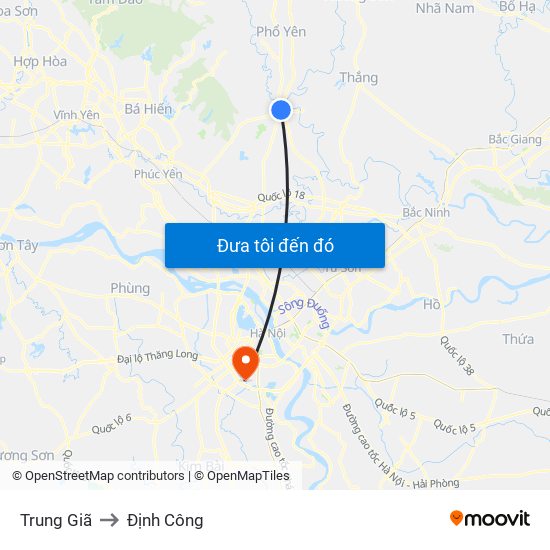 Trung Giã to Định Công map