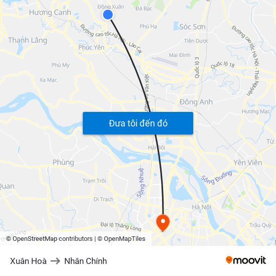 Xuân Hoà to Nhân Chính map