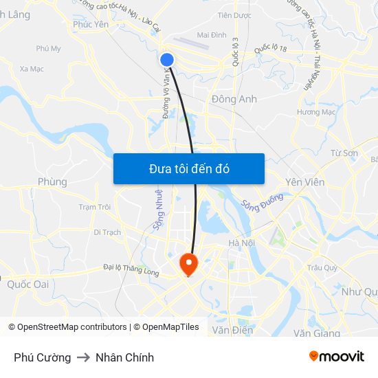 Phú Cường to Nhân Chính map
