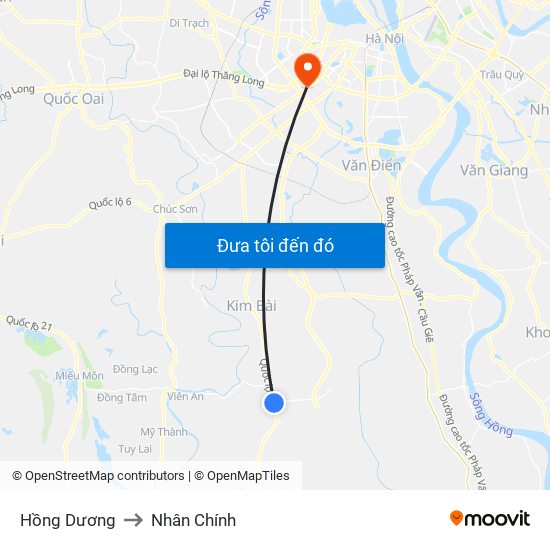 Hồng Dương to Nhân Chính map