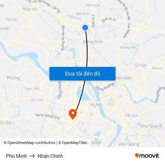 Phú Minh to Nhân Chính map