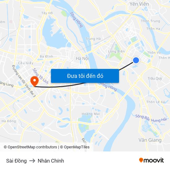 Sài Đồng to Nhân Chính map