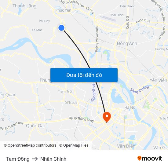 Tam Đồng to Nhân Chính map