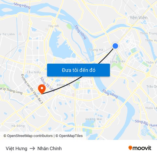 Việt Hưng to Nhân Chính map