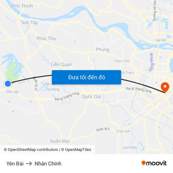 Yên Bài to Nhân Chính map