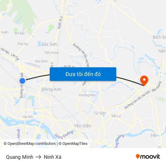 Quang Minh to Ninh Xá map