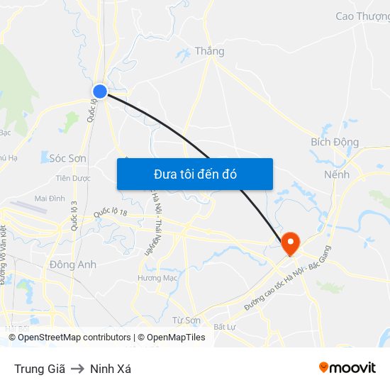 Trung Giã to Ninh Xá map