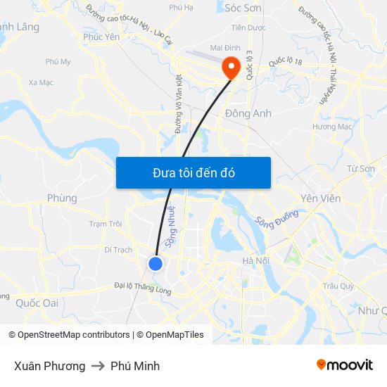 Xuân Phương to Phú Minh map