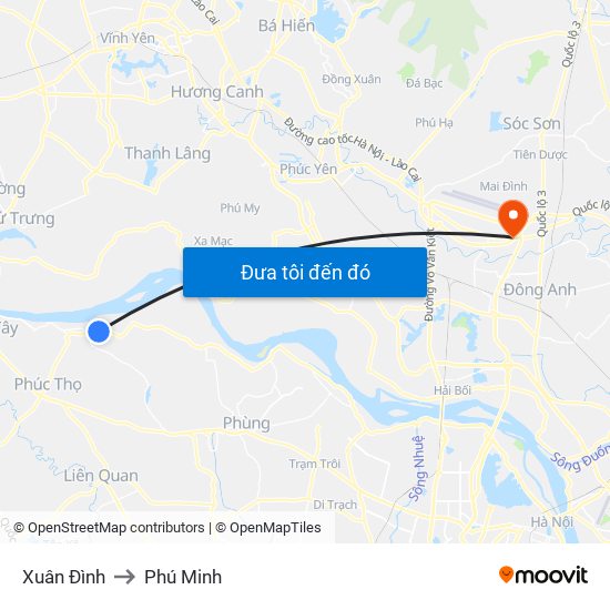 Xuân Đình to Phú Minh map