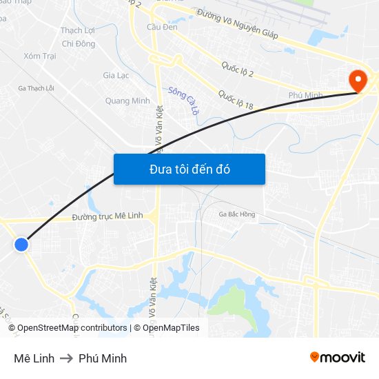 Mê Linh to Phú Minh map