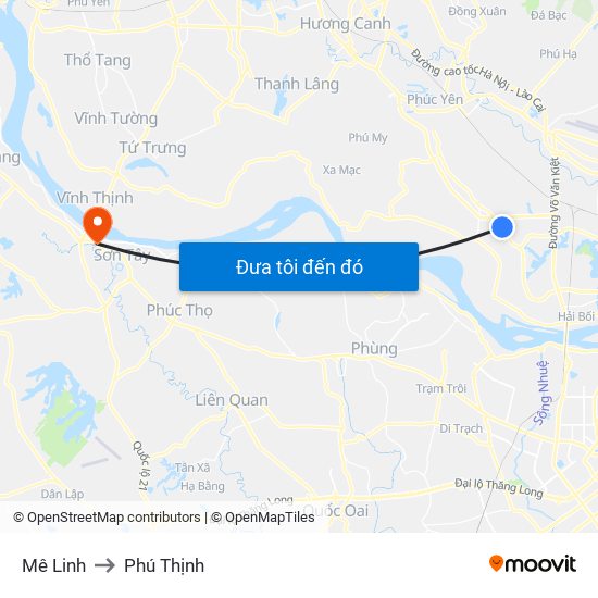 Mê Linh to Phú Thịnh map