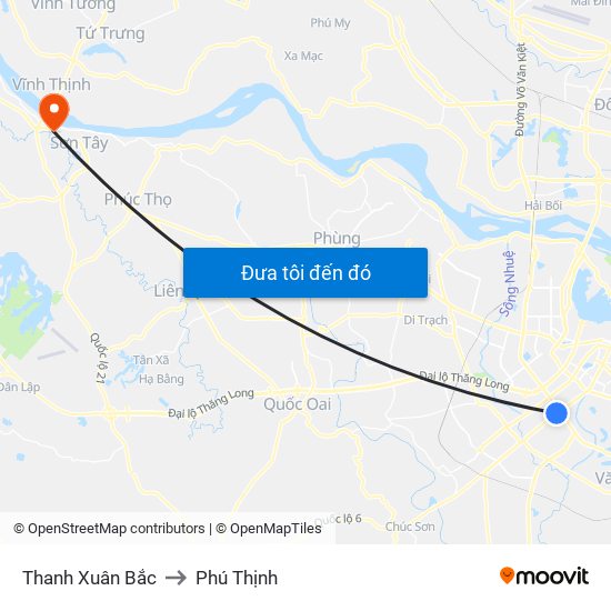 Thanh Xuân Bắc to Phú Thịnh map