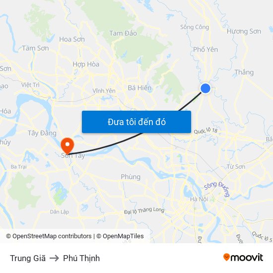 Trung Giã to Phú Thịnh map