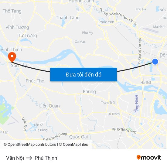 Vân Nội to Phú Thịnh map