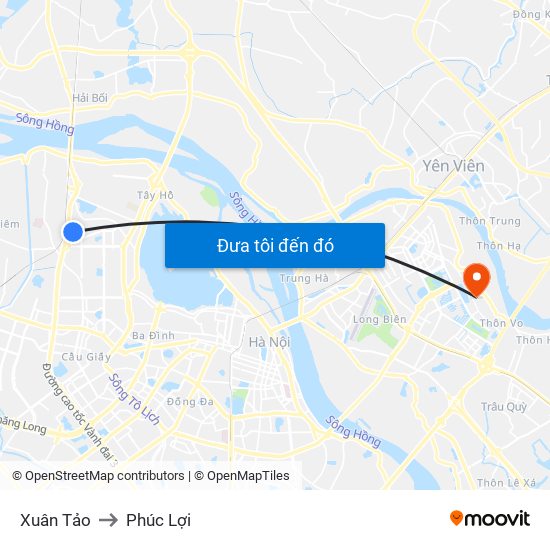 Xuân Tảo to Phúc Lợi map