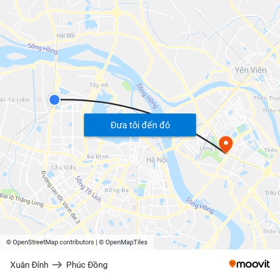 Xuân Đỉnh to Phúc Đồng map