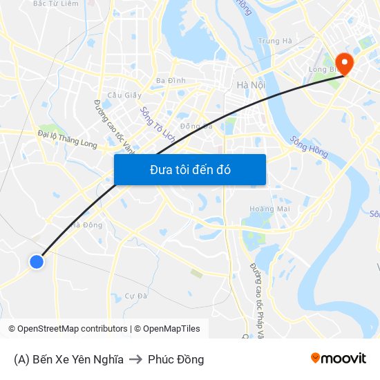 (A) Bến Xe Yên Nghĩa to Phúc Đồng map