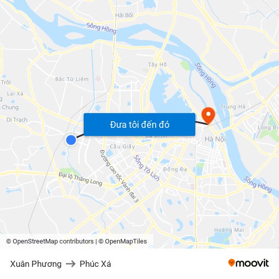 Xuân Phương to Phúc Xá map