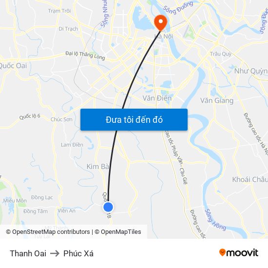 Thanh Oai to Phúc Xá map