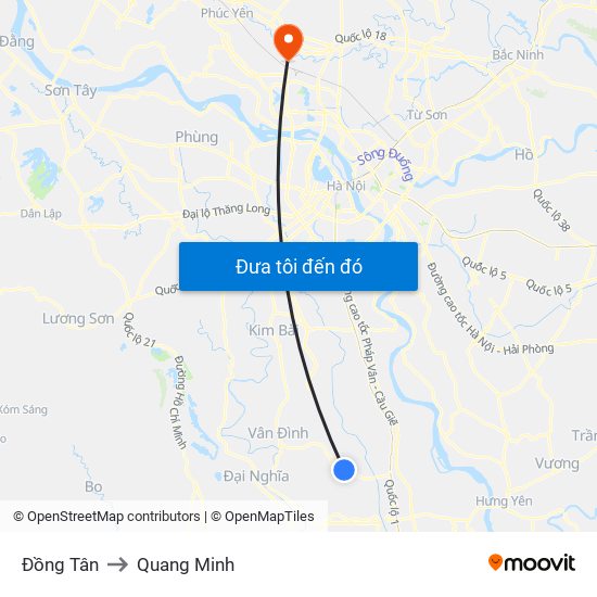 Đồng Tân to Quang Minh map