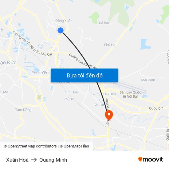 Xuân Hoà to Quang Minh map