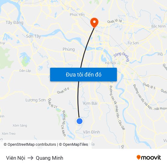 Viên Nội to Quang Minh map