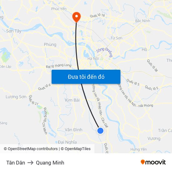 Tân Dân to Quang Minh map