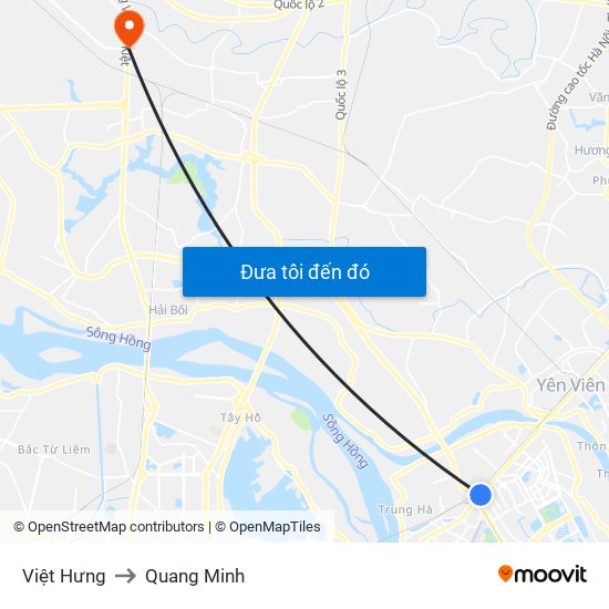 Việt Hưng to Quang Minh map