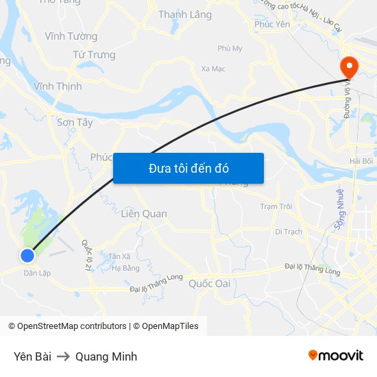 Yên Bài to Quang Minh map