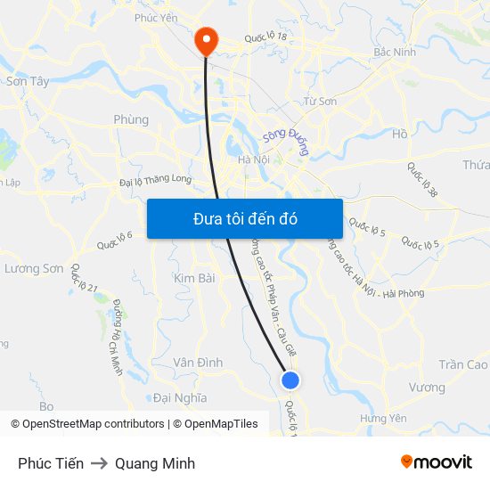 Phúc Tiến to Quang Minh map