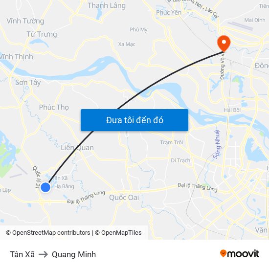 Tân Xã to Quang Minh map