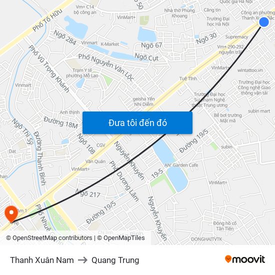 Thanh Xuân Nam to Quang Trung map
