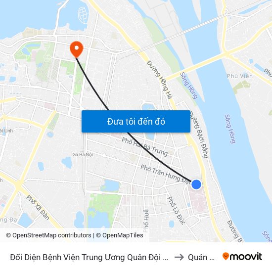 Đối Diện Bệnh Viện Trung Ương Quân Đội 108 - Trần Hưng Đạo to Quán Thánh map