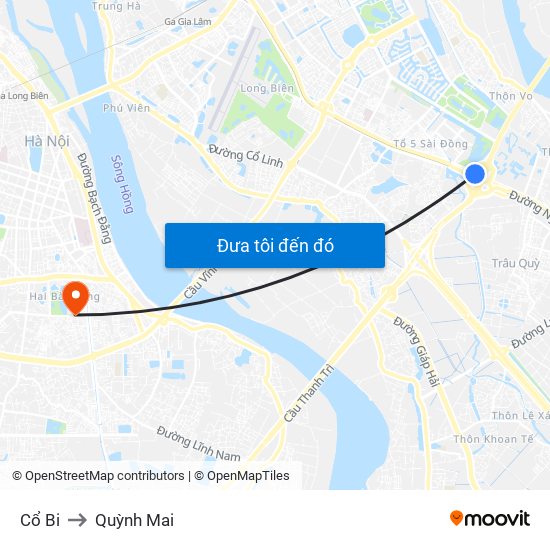 Cổ Bi to Quỳnh Mai map