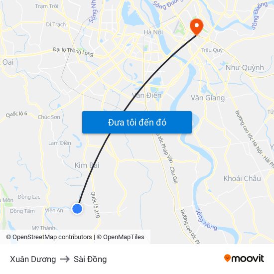 Xuân Dương to Sài Đồng map