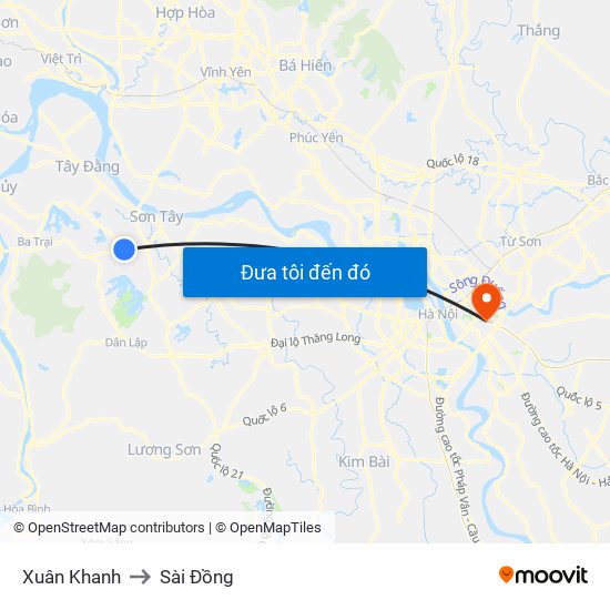 Xuân Khanh to Sài Đồng map