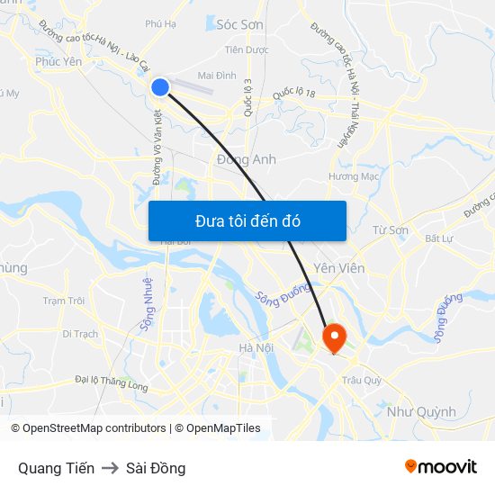 Quang Tiến to Sài Đồng map