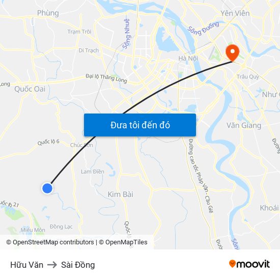 Hữu Văn to Sài Đồng map