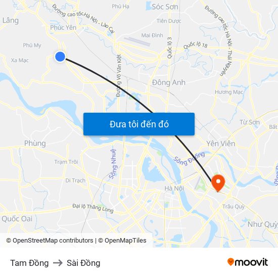 Tam Đồng to Sài Đồng map