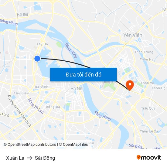 Xuân La to Sài Đồng map