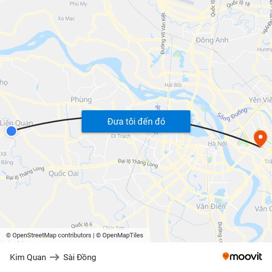 Kim Quan to Sài Đồng map