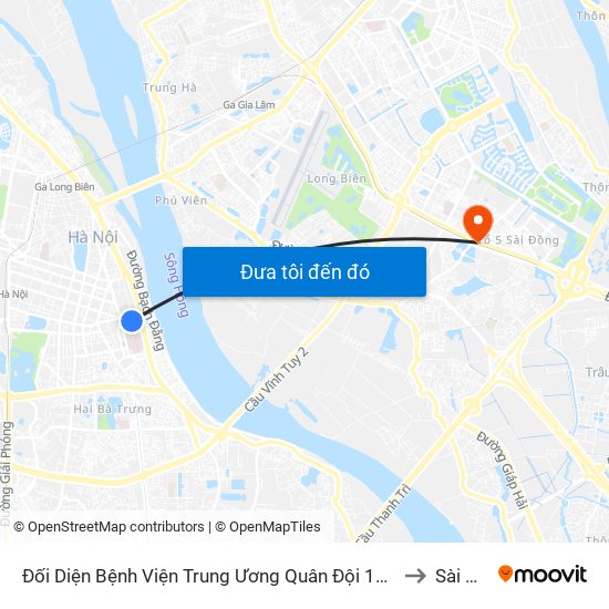 Đối Diện Bệnh Viện Trung Ương Quân Đội 108 - Trần Hưng Đạo to Sài Đồng map