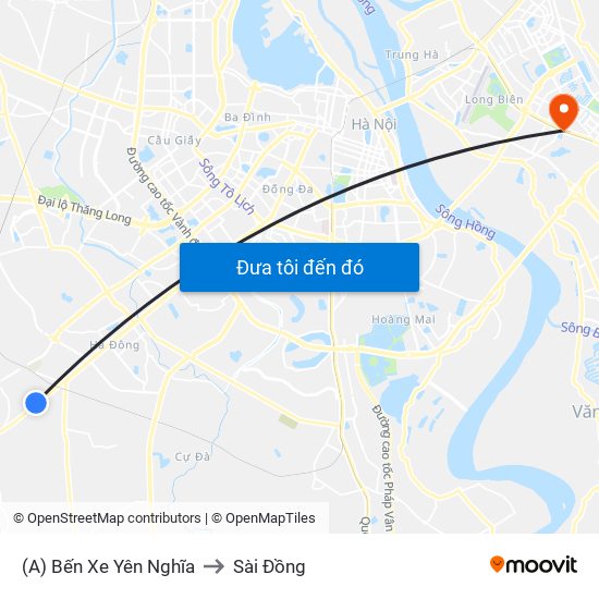 (A) Bến Xe Yên Nghĩa to Sài Đồng map